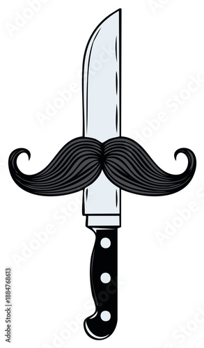Chef knife with elegant handlebar mustache illustration for culinary or grooming concepts