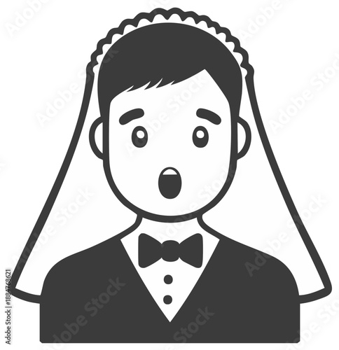 Surprised Man Wearing Wedding Veil and Tuxedo Open Mouth Expressing Shock