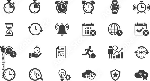 Time Management and Productivity Icon Set Featuring Clocks, Calendars, Deadlines, and Scheduling Symbols in Solid Vector Style