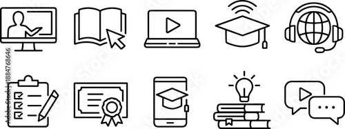 Set of black line icons representing online education and e-learning including laptop, video player, virtual class, mobile learning, digital book, headset, checklist, certificate, global graduation, a