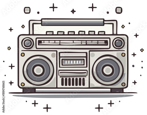 Retro boombox with glowing lights and sparkling decorations