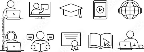 Set of black line icons representing online education and e-learning including laptop, video player, virtual class, mobile learning, digital book, headset, checklist, certificate, global graduation, a