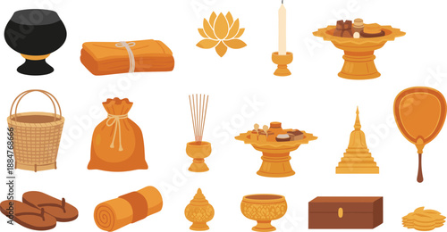 Traditional Buddhist Offering and Temple Ritual Illustration Set Featuring Candles, Incense, Lotus, Alms, and Sacred Objects in Flat Vector Style