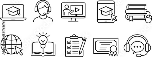 Set of black line icons representing online education and e-learning including laptop, video player, virtual class, mobile learning, digital book, headset, checklist, certificate, global graduation, a