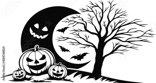 Halloween night silhouette illustration featuring spooky carved pumpkins, flying bats, full moon, and bare haunted tree on dark background. Ideal for Halloween posters, party flyers, greeting cards