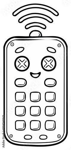Cartoonish remote control with dead eyes transmitting signals outlined in black and white for design projects