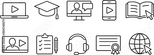 Set of black line icons representing online education and e-learning including laptop, video player, virtual class, mobile learning, digital book, headset, checklist, certificate, global graduation, a