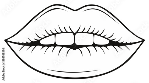 Mouth illustration with lips, teeth, eyelashes in outline style on a white background. Smiling female mouth in graphic vector design.