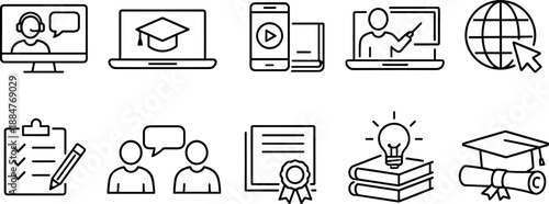 Set of black line icons representing online education and e-learning including laptop, video player, virtual class, mobile learning, digital book, headset, checklist, certificate, global graduation, a