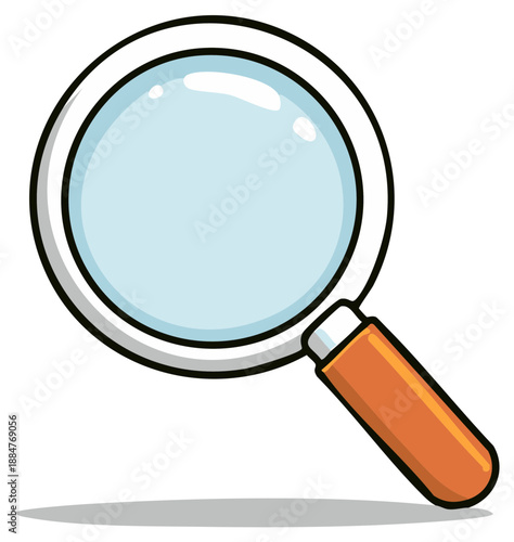 Cartoon magnifying glass with orange handle and light blue lens, graphic illustration