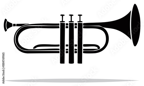 Trumpet black silhouette. Musical wind instrument with valves for orchestra or jazz band, simple vector illustration isolated on white background