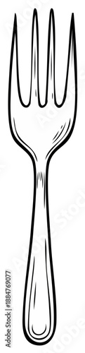 Hand-drawn sketch of a single dining fork. Black and white cutlery line art illustration for restaurant or food concept.