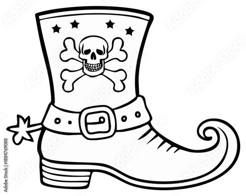 Pirate boot illustration with skull and crossbones emblem, spur and buckle decoration