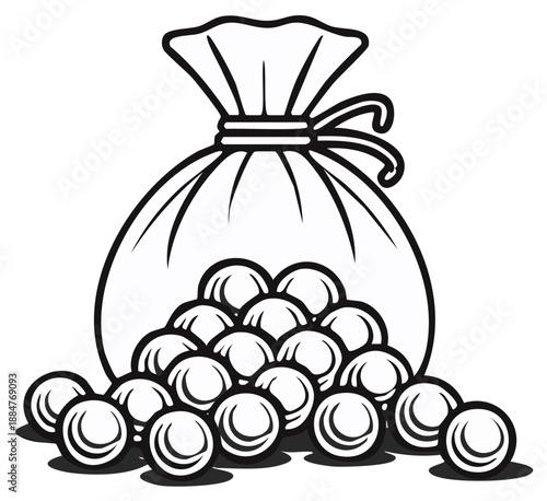 Bag overflowing with marbles illustration a simple line drawing showing abundance and playfulness