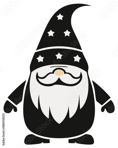 Whimsical Black Gnome with Starry Hat and White Beard