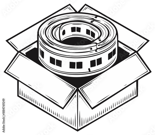 Rolled Film Reel with Perforations Inside an Open Cardboard Box