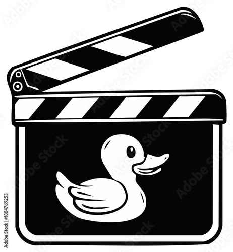 Illustration of a film clapperboard with an duck, simple animation style, movie scene graphic icon symbol, movie making concept