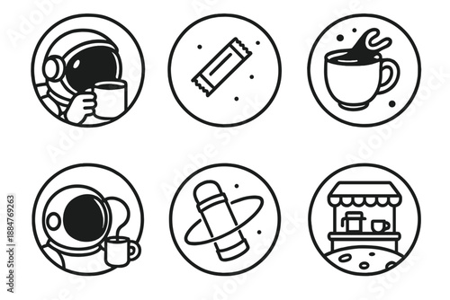 Astronaut Coffee Break Icons. Line style circular vector icons of astronaut coffee break: helmet mug reflection, floating sugar