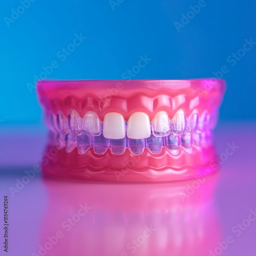 Transparent Dental Aligners on Reflective Surface with Vibrant Background