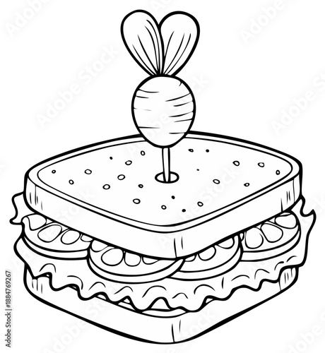 Black and white illustration of a sandwich with a radish on top for coloring.