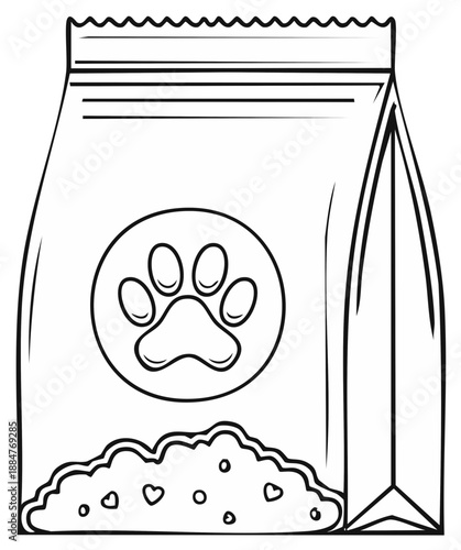 Dog Food Bag Outline with Paw Print and Heart Shaped Pieces for Coloring Pages