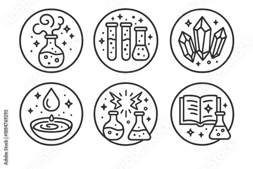 Arcane Chemistry Icons. Line style circular vector icons of arcane chemistry: flask of glowing smoke, enchanted test tubes,
