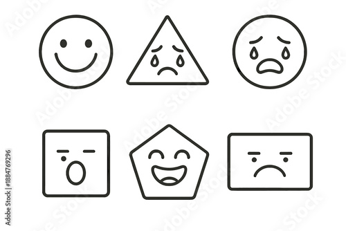 Geometric Mood Icons. Line style circular vector icons of geometric moods: circle grin, triangle tears, square yawning, pentagon