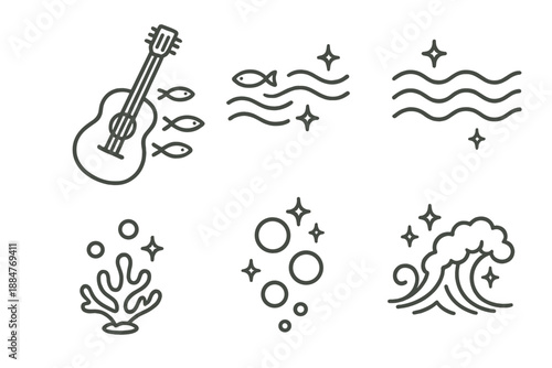 Sea Serenade Icons. Line style icons of Sea Serenade: guitar with tiny fish swimming, glowing waves, tiny floating pearls,