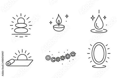 Crystal Meditation Icons. Line style icons of Crystal Meditation: yoga mat with levitating stones, sunrise glow, tiny floating
