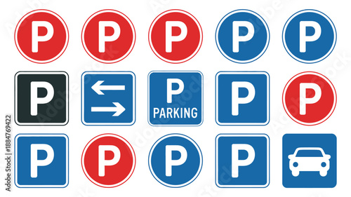 Diverse collection of parking signs and traffic symbols for road regulation and designated area guidance