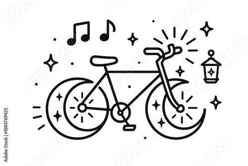 Lunar Ride Icons. Line style icons of Lunar Ride: bicycle with pedals turning into crescent moons, floating musical notes, glowing