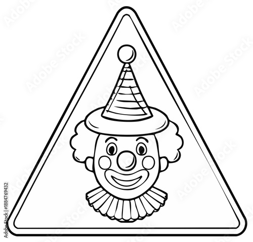 Funny Clown Face Inside Triangle Sign. Warning icon with outline illustration. Holiday entertainment celebration and joke concept.
