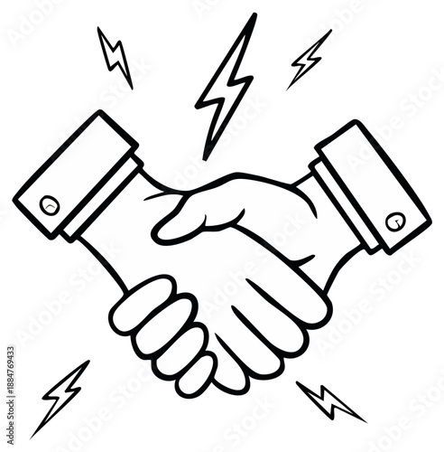 Powerful partnership handshake outline with lightning bolt icons conveying success, energy, and collaboration