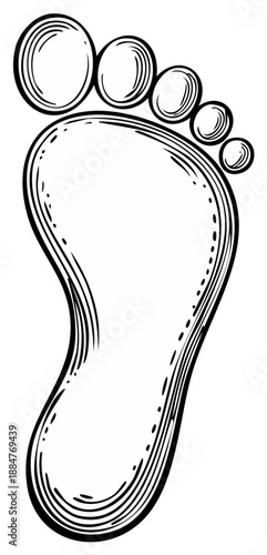 Black and white hand drawn illustration of a human footprint showing toes and sole texture