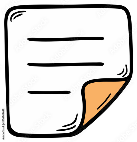 Doodle style document icon with curled page and horizontal lines symbolizing text