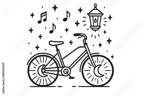 Lunar Melody Ride. Line style icons of Lunar Melody Ride: bicycle with crescent moon pedals, floating glowing notes, tiny stars,