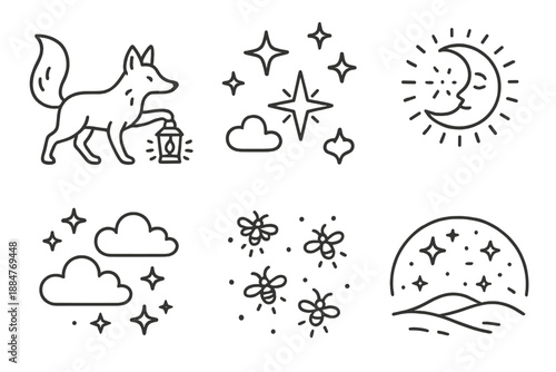 Starry Night Icons. Line style icons of Starry Night Walk: fox carrying lanterns, glowing stars, floating clouds, sparkling moon,