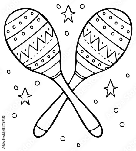 Hand-drawn Maracas Illustration for Coloring Book with Star Accents and Festive Design