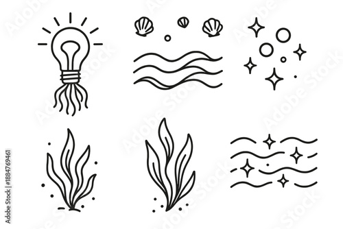 Marine Glow Icons. Line style icons of Marine Glow: jellyfish shaped as lightbulbs, flowing water waves, tiny floating shells,