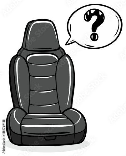 Cartoon car seat illustration with a monster question mark speech bubble