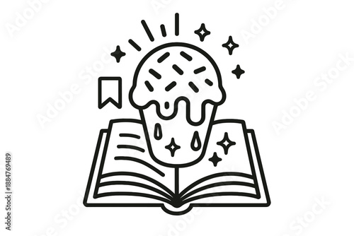 Sweet Knowledge Icons. Line style icons of Sweet Knowledge: melting ice cream forming book pages, glowing sprinkles, floating tiny