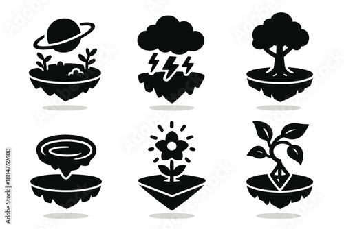 Floating Ecosystem Icons. Solid style icons of floating ecosystems in : orbital garden, electric cloud, reflective pool,