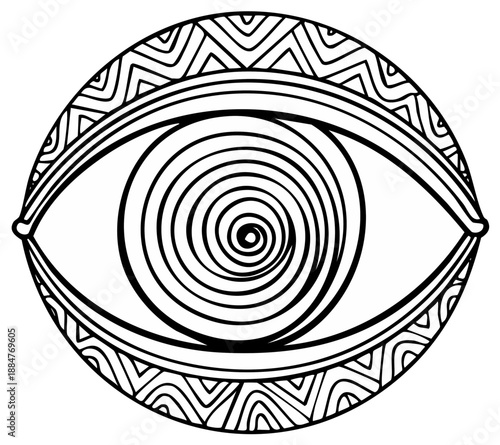 Stylized eye with a hypnotic spiral pupil and tribal pattern border in black and white