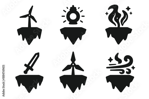Floating Energy Icons. Solid style icons of floating energy landscapes in : windmill, floating lantern orb, aurora smoke, glowing