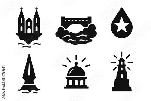 Floating Architectural Icons. Solid style icons of levitating architecture in : floating cathedral, mist bridge, star droplet,