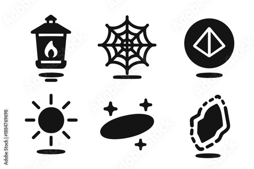 Floating Mystical Icons. Solid style icons of levitating objects in : floating lantern, hovering spiderweb, prism orb, radiant