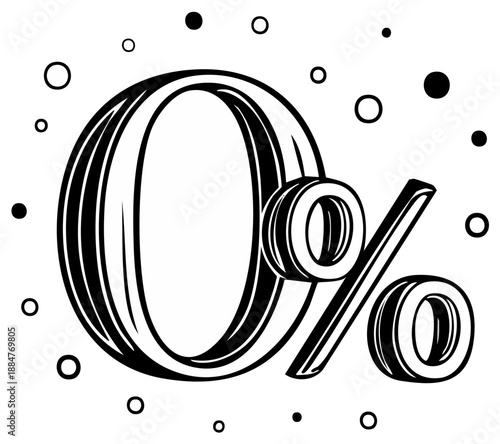 Black and white graphic of the number zero and percent symbol with floating dots