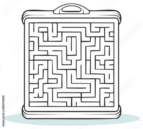 Cartoon illustration of a maze puzzle in a square shaped frame for solving a challenge