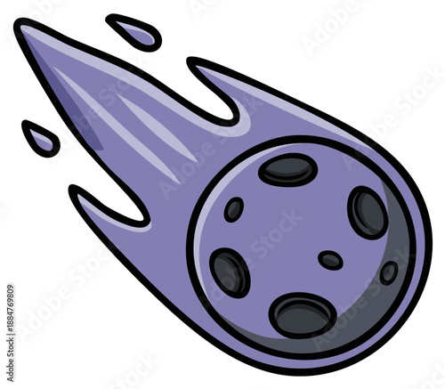 Vivid cartoon purple comet with distinct craters and a dynamic fiery trail streaking through the cosmos