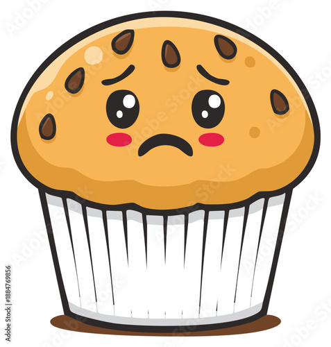 Cartoon muffin character with a sad expression and chocolate chips.